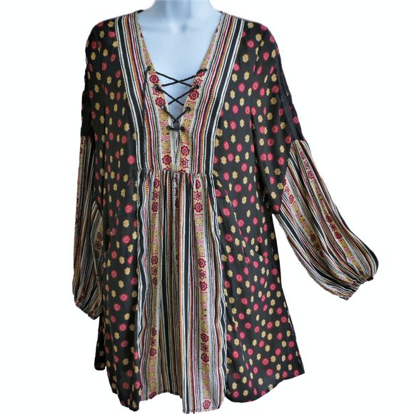 Free People Rain or Shine Mini Dress Pockets Pebbled Chiffon Lace Up V Neck S - Picture 3 of 8